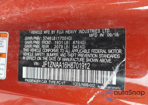 2017 Toyota 86 z USA, uszkodzony, nr VIN JF1ZNAA16H8701912